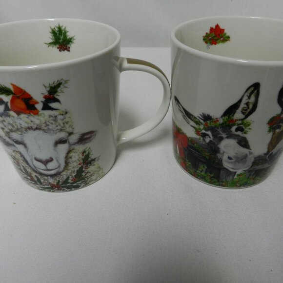 Two Can Art PPD Christmas Donkey Sheep Mug Cup Bone China micro dish 14 oz Set 2 - Picture 4 of 11